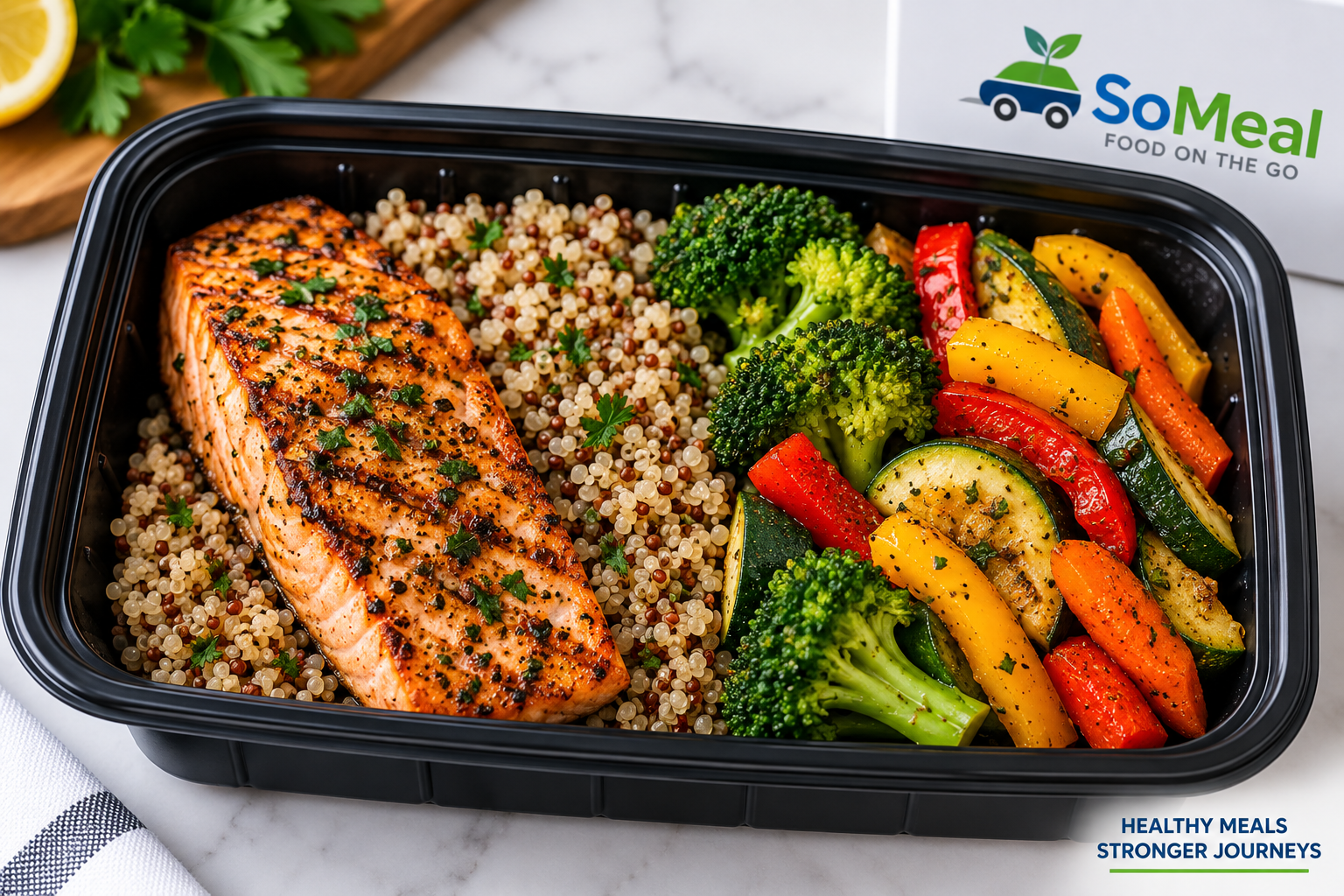 Fresh salmon and vegetables meal